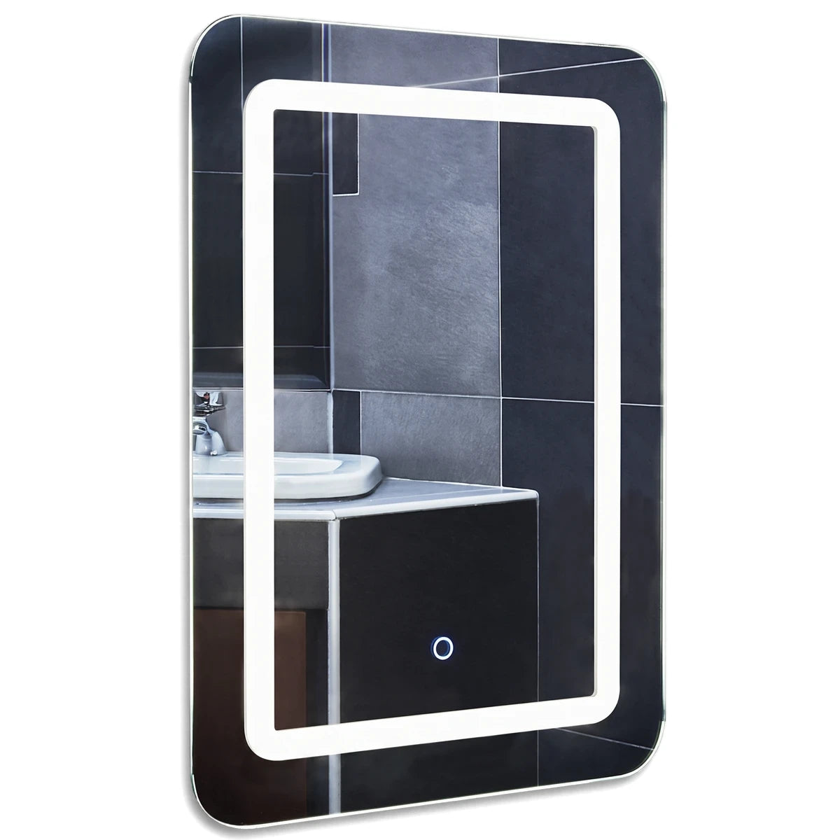 Rectangular LED mirror with an illuminated border and a circular touch switch, reflecting a modern bathroom sink.