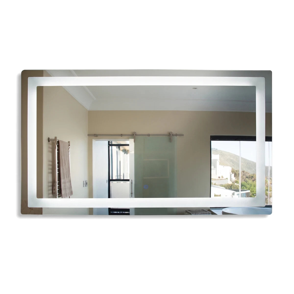 Rectangular Mirror With Touch Switch Ip44, featuring a modern illuminated frame and a sleek, wall-mounted design.