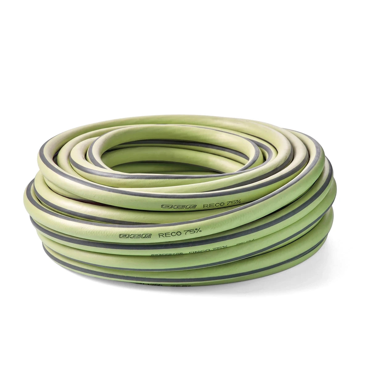 Light green recycled garden hose tube, 1/2 inch by 25 meters, coiled neatly with 'RECO 75%' branding.