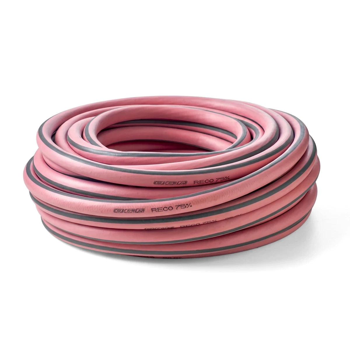 Coiled recycled pink garden hose with gray stripes, measuring 1/2 inch by 25 meters, for outdoor watering tasks.