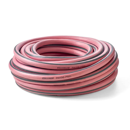 Coiled recycled pink garden hose with gray stripes, measuring 1/2 inch by 25 meters, for outdoor watering tasks.