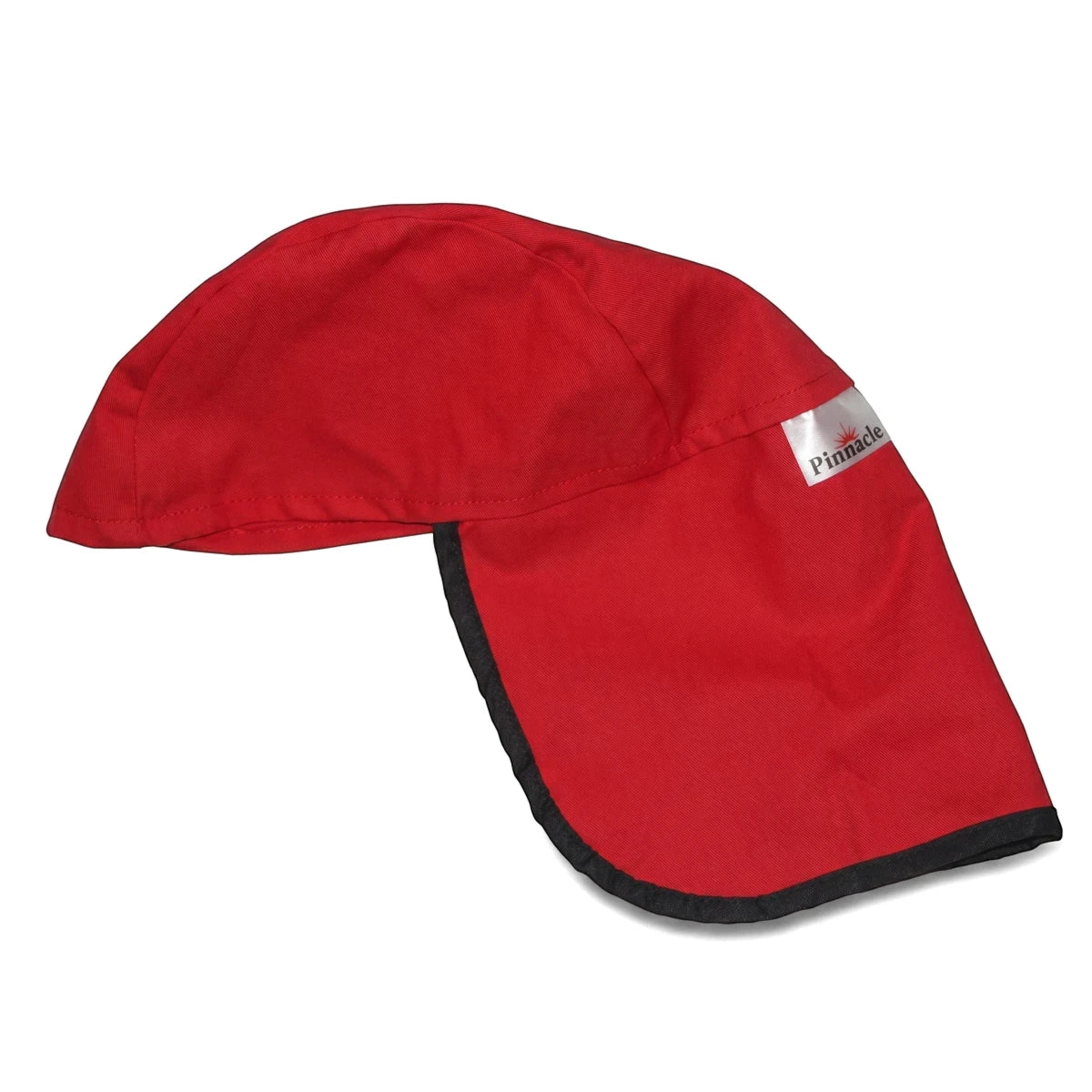Red 100% cotton skull cap with neck flap and Pinnacle logo, designed for sun protection. View of the cap angled on a white
