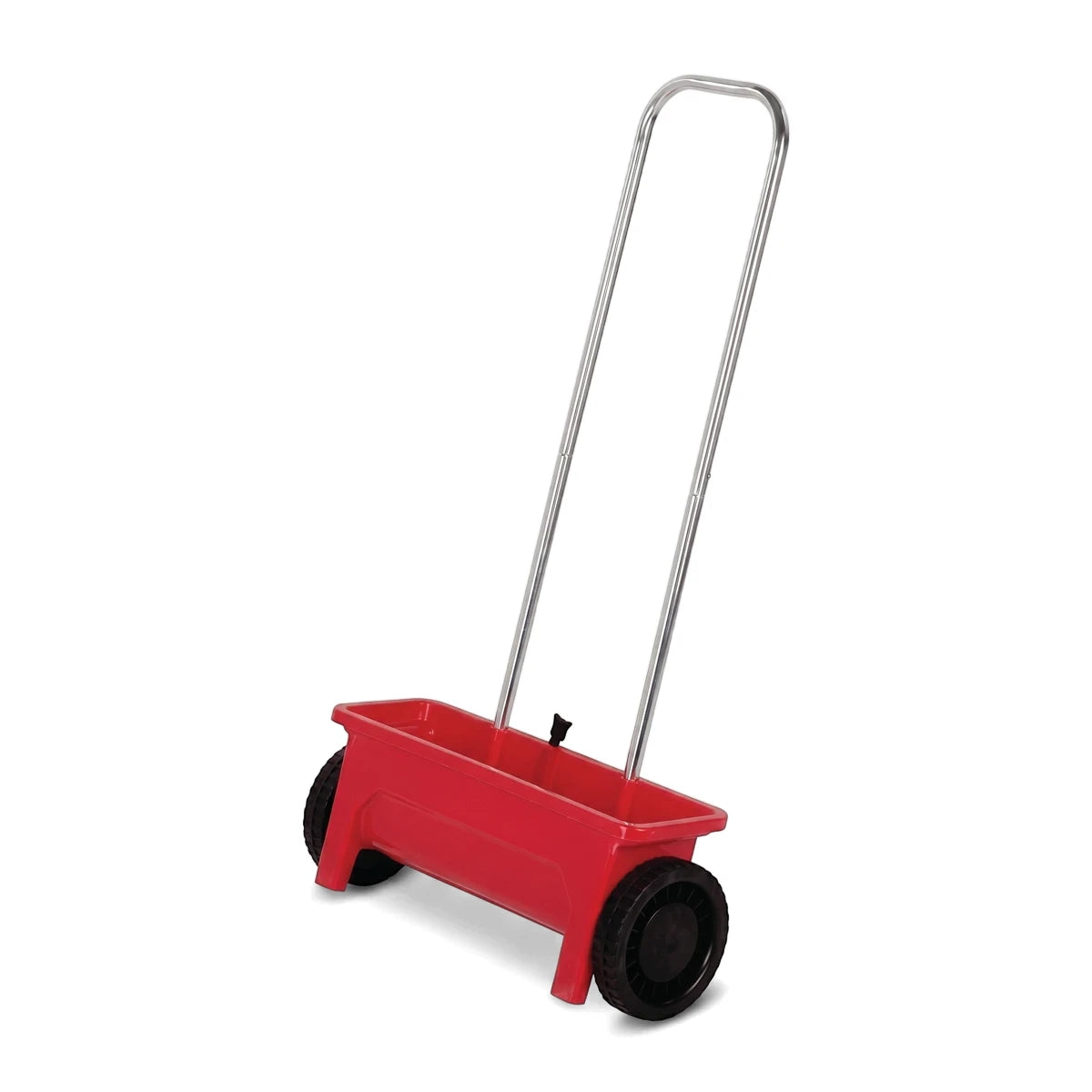 A bright red 12-liter fertilizer broadcast scattering cart with black wheels and a silver push handle, shown at an angle.
