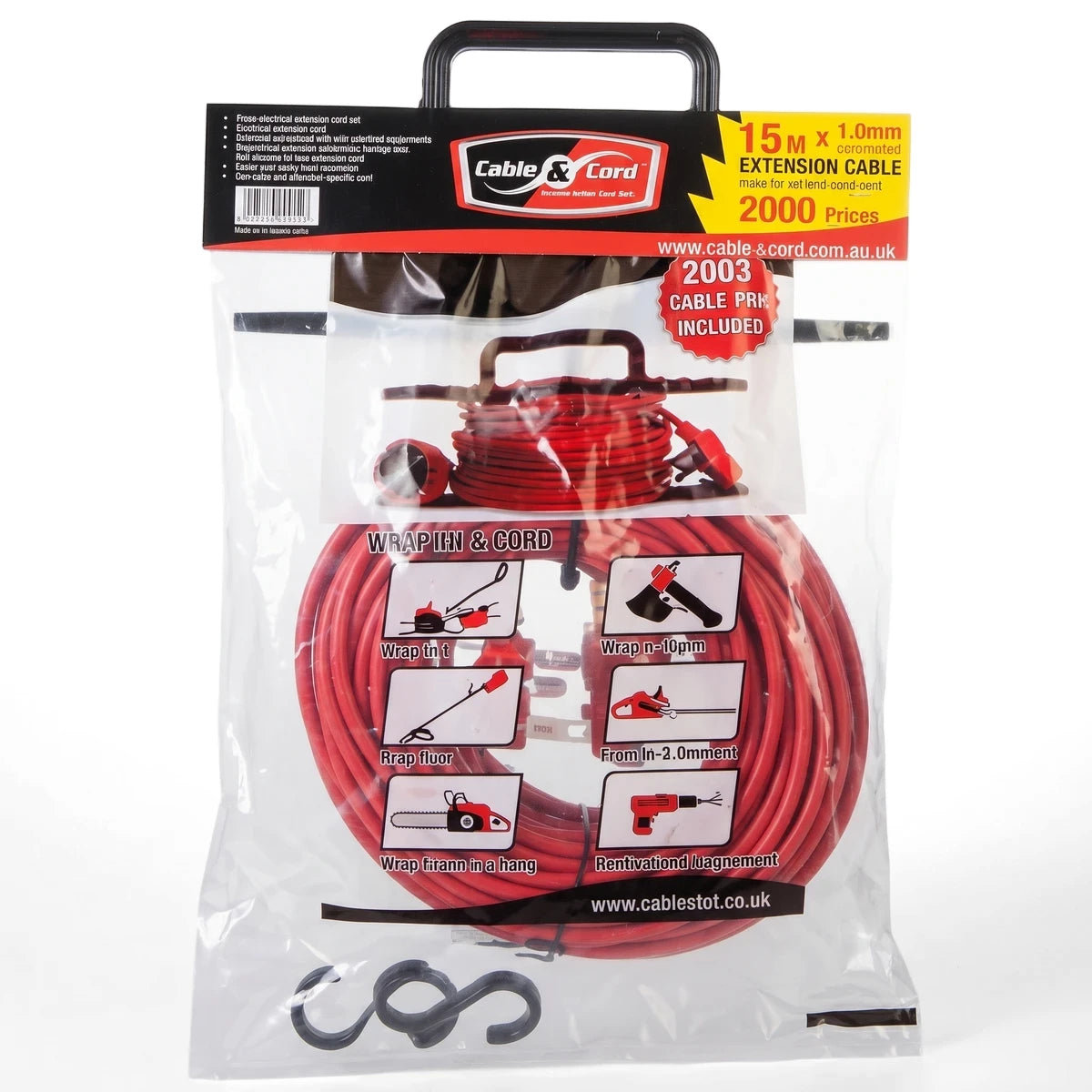 Red 15M x 1.0mm (2500W) electrical extension cord set, packaged in a clear plastic bag with a black handle.