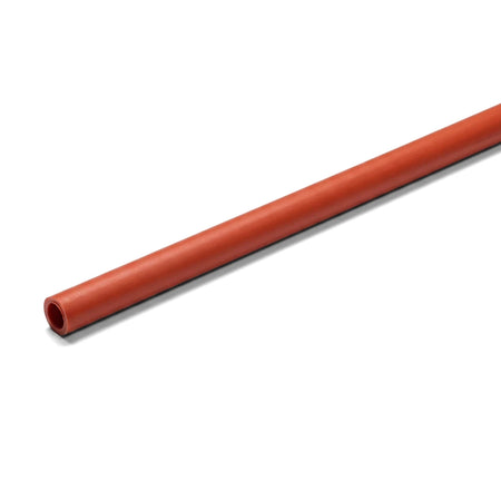 A single red 15mm poly pipe, cut and viewed from a slight angle to show its hollow interior, on a white background.
