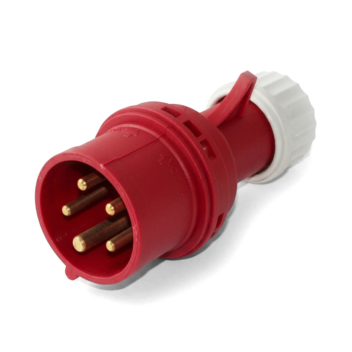 A red 16A 3P+N+E 380V IP44 industrial plug top with five brass pins and a white threaded cap, viewed at an angle.