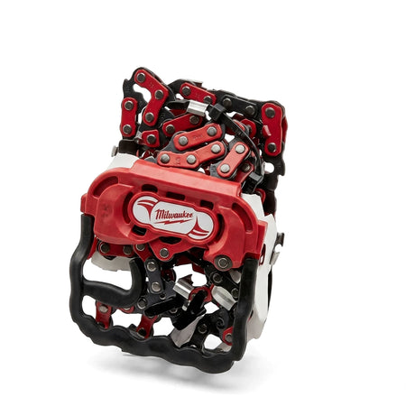 Red 18-Inch Chainsaw Replacement Chain (325, .058", 72Dl) coiled on a white background, viewed from above.
