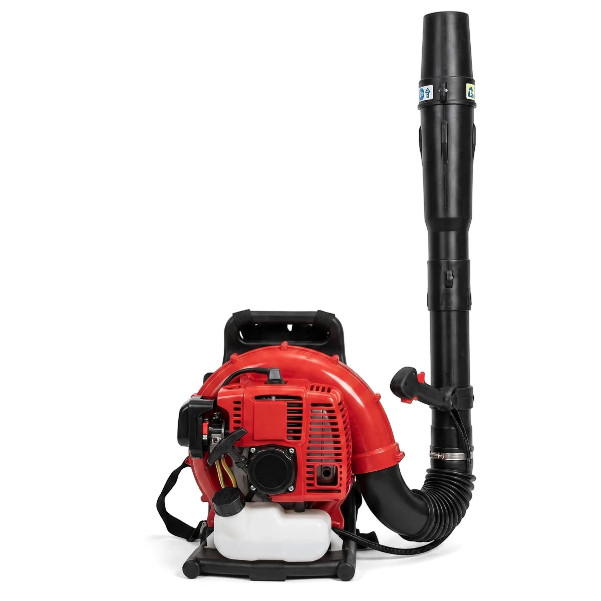 Red 2-Stroke 79cc backpack leaf blower with a black flexible tube, designed for outdoor lawn and garden maintenance.