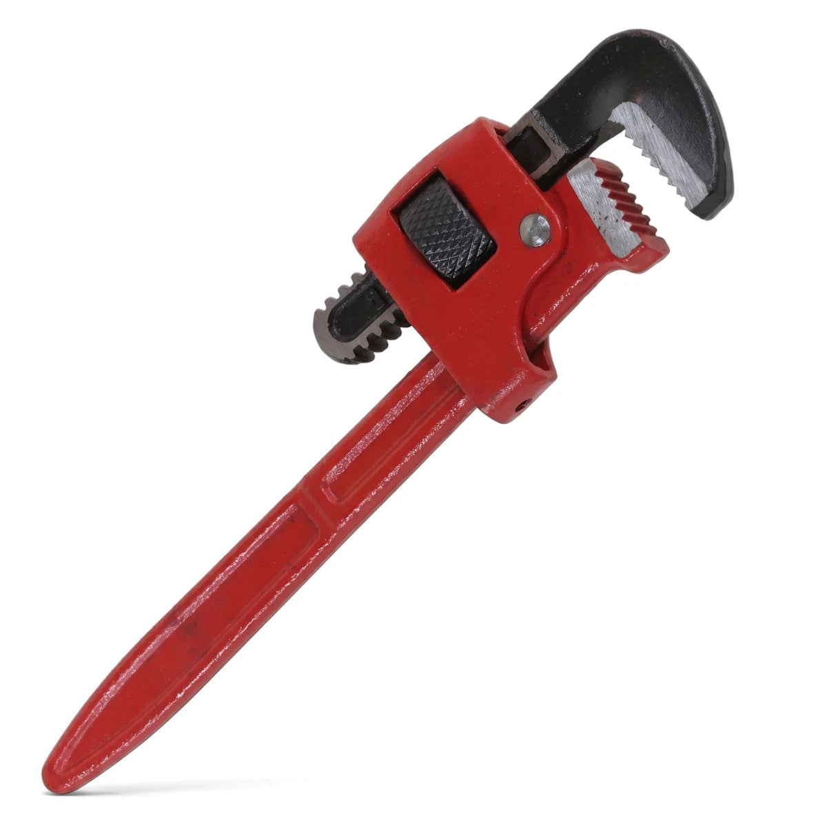 Red 200mm pipe wrench with black adjustable jaws, viewed from an angle against a clean white background.