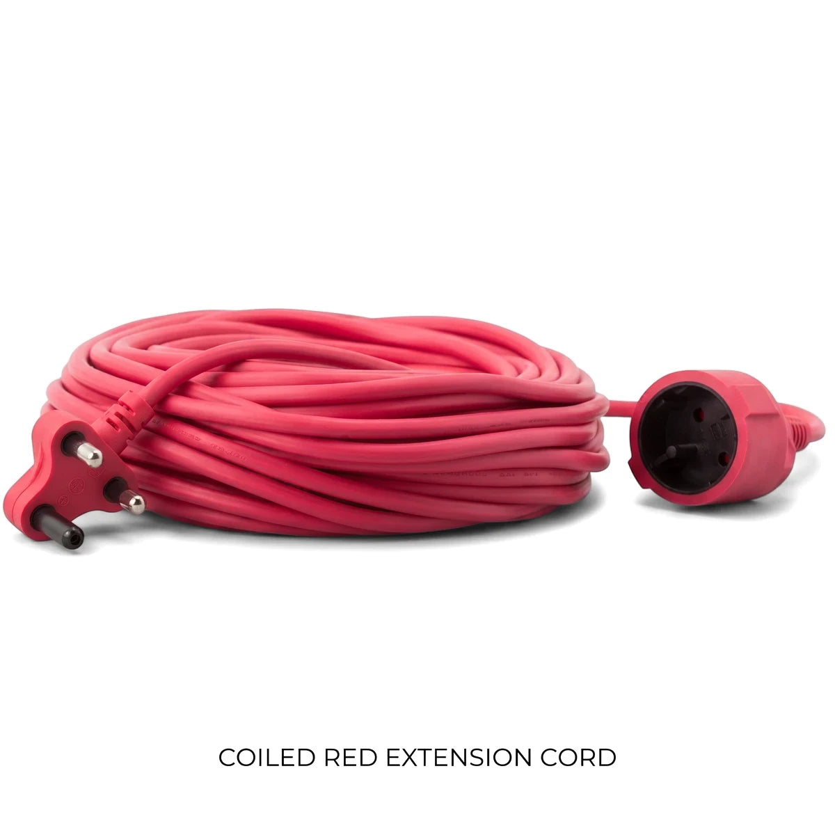 Red 30-meter coiled extension cord with a two-pin plug and a socket, displayed horizontally on a white background.