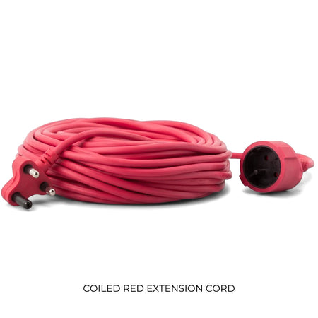Red 30-meter coiled extension cord with a two-pin plug and a socket, displayed horizontally on a white background.