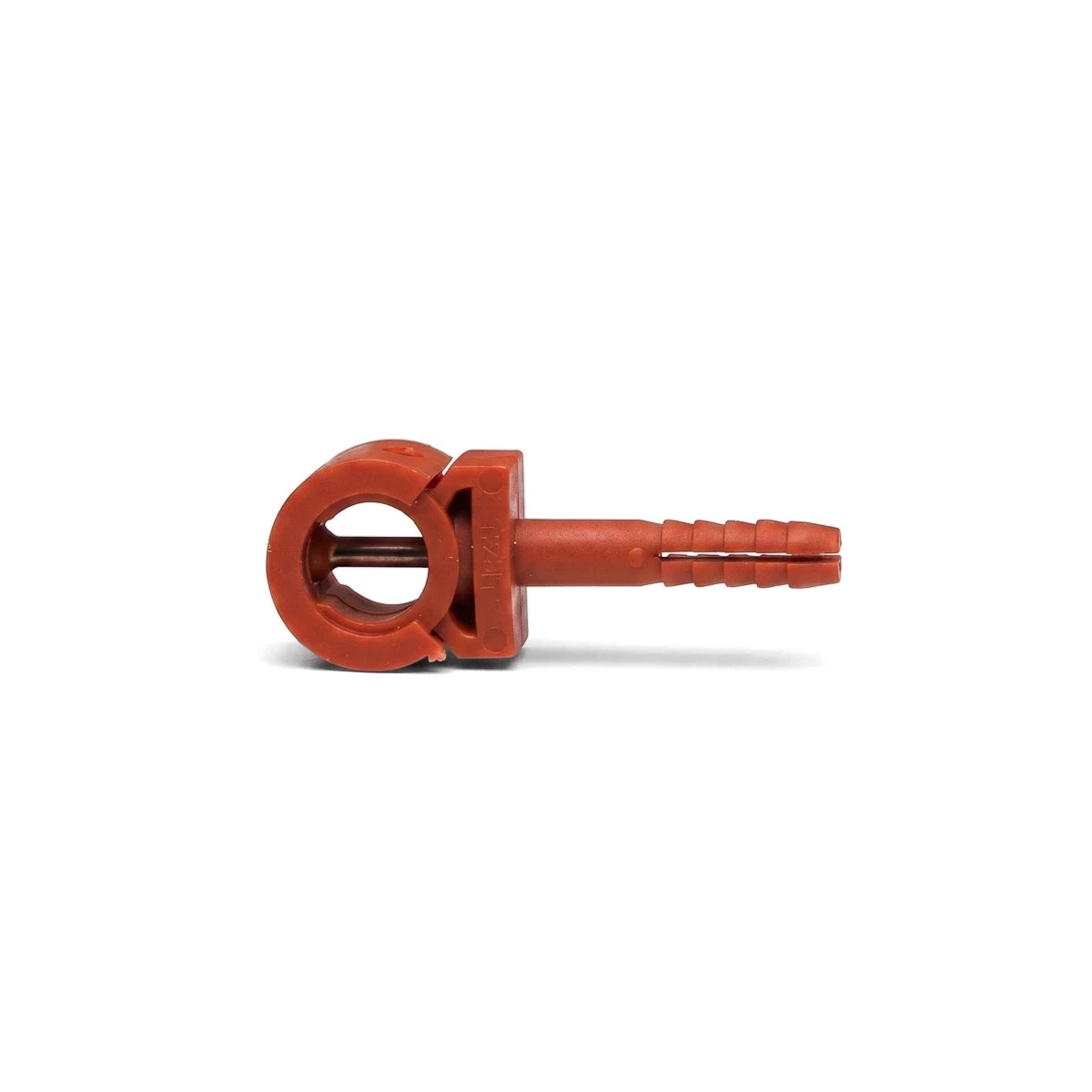 A red 35mm Masterbatt Pipe Bracket made of durable plastic, featuring a circular clasp and a ribbed pipe-fitting extension