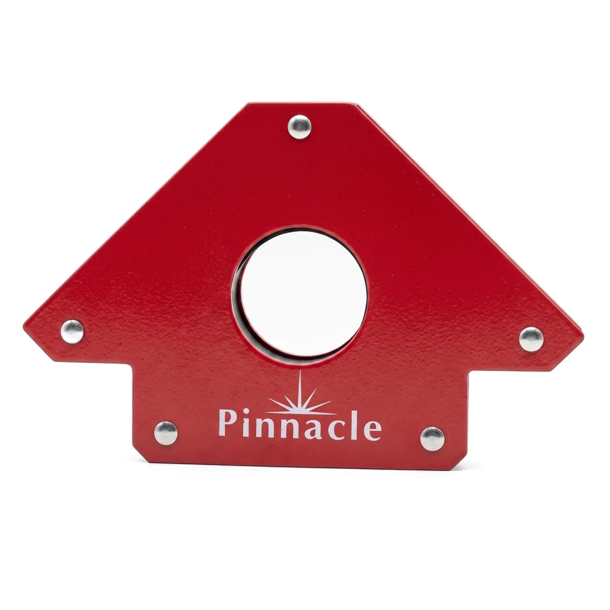 Red angular welding magnet with a 25Lbs (11.4Kg) capacity, featuring a circular cutout and Pinnacle branding.