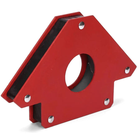 Red arrow-shaped welding magnet, 75Lbs (34Kg) capacity, with a central hole, angled view.