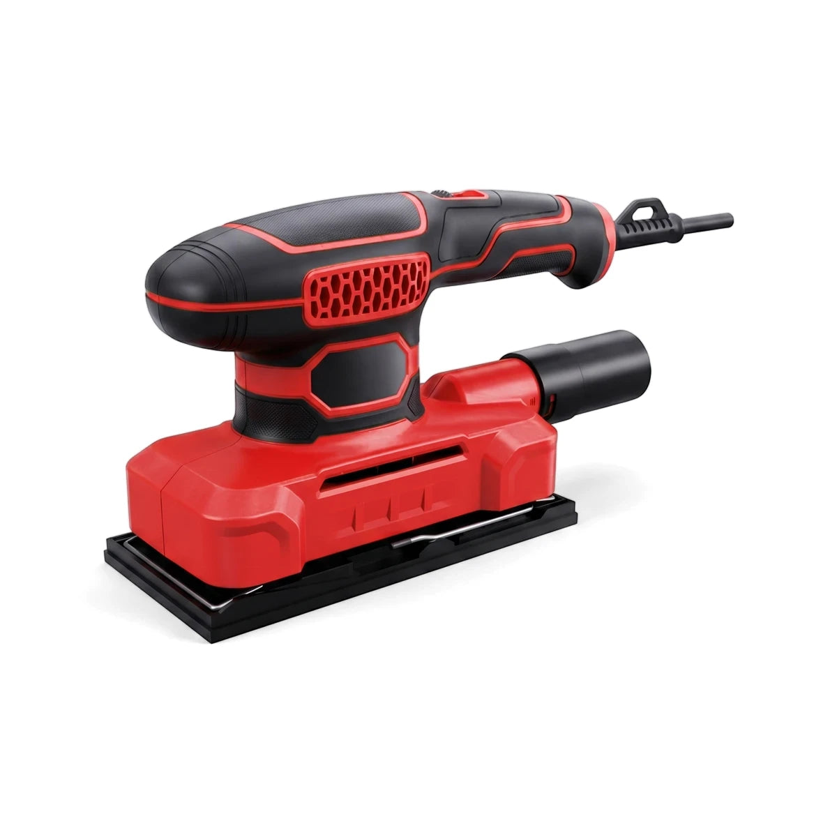 Red and black 160W electric finishing sander power tool, angled view showing the ergonomic handle and sanding base.