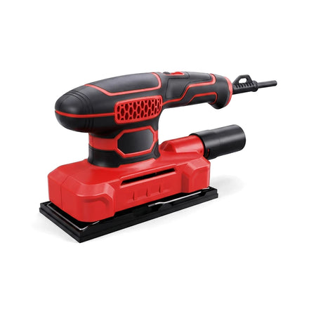 Red and black 160W electric finishing sander power tool, angled view showing the ergonomic handle and sanding base.