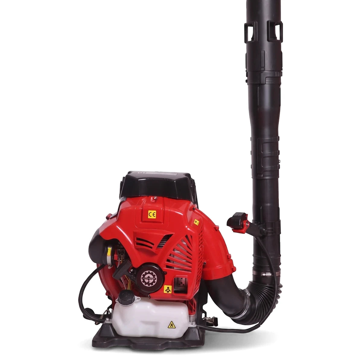 Red and black 2-Stroke Backpack Leaf Blower with a 79Cc engine, standing upright, ready for garden and yard cleanup.