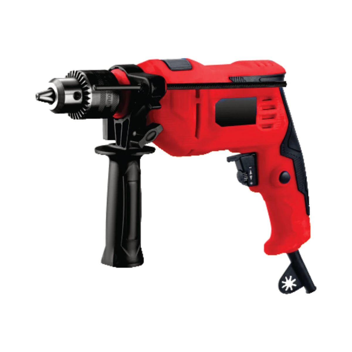 Red and black 500W electric impact drill power tool with a side handle and chuck, shown from a side angle.