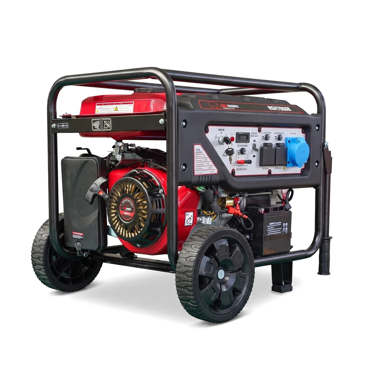 Red and black 6kW electric start petrol generator with wheels, featuring a sturdy frame and control panel, viewed at an