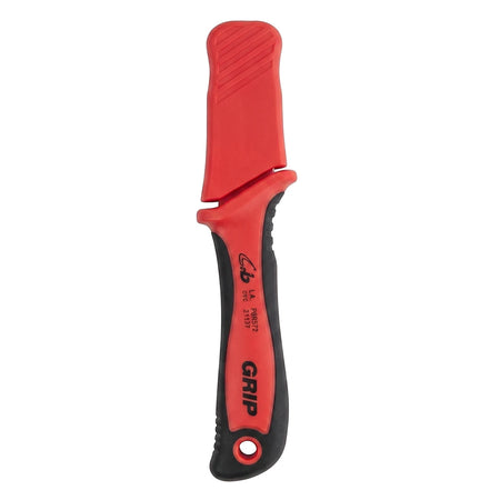 Red and black electrician's cable knife with a textured grip handle and a protective blade cap, shown vertically.