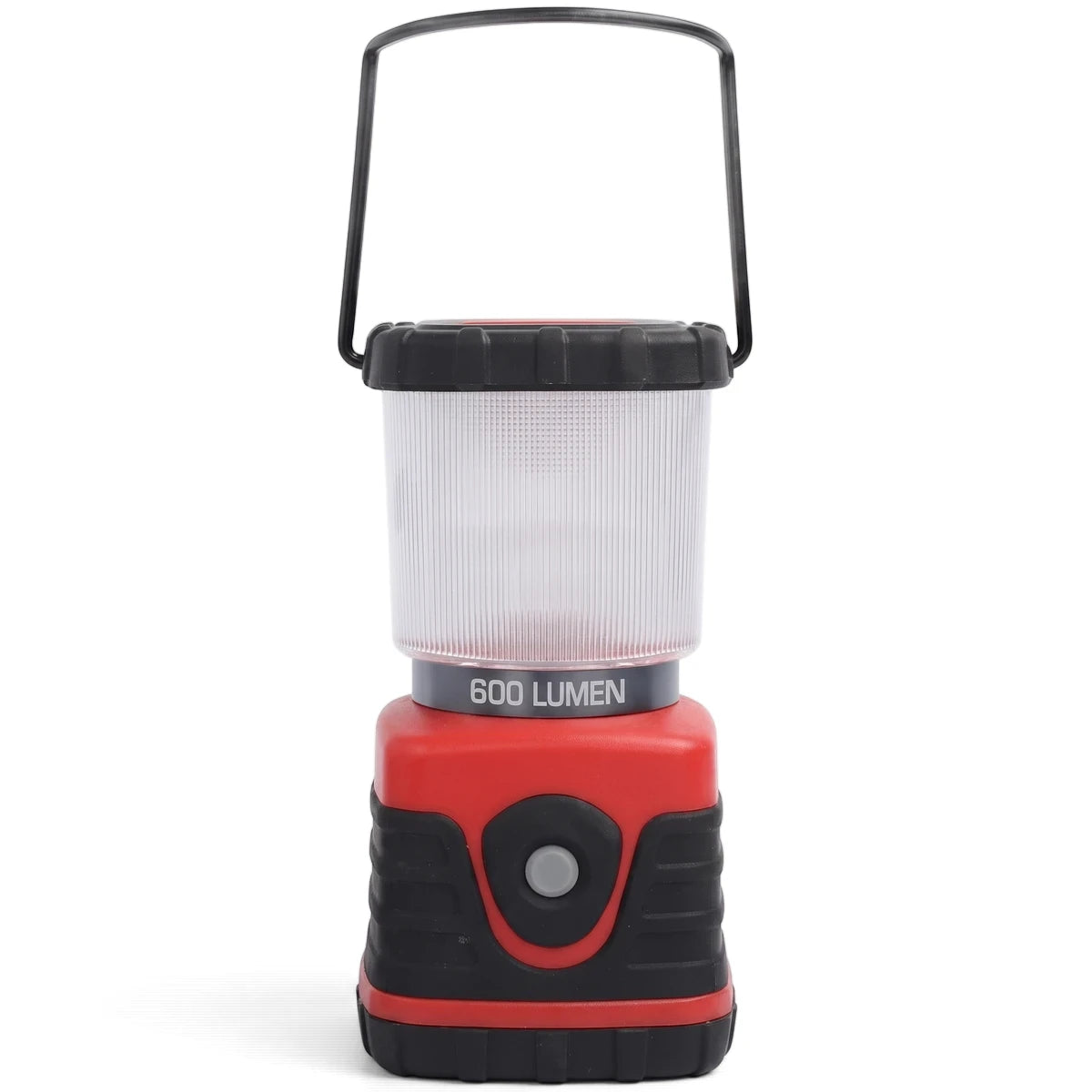 Red and black high powered 600 lumen lantern, a portable camping light for outdoor use, shown standing vertically.
