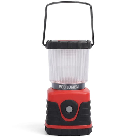 Red and black high powered 600 lumen lantern, a portable camping light for outdoor use, shown standing vertically.