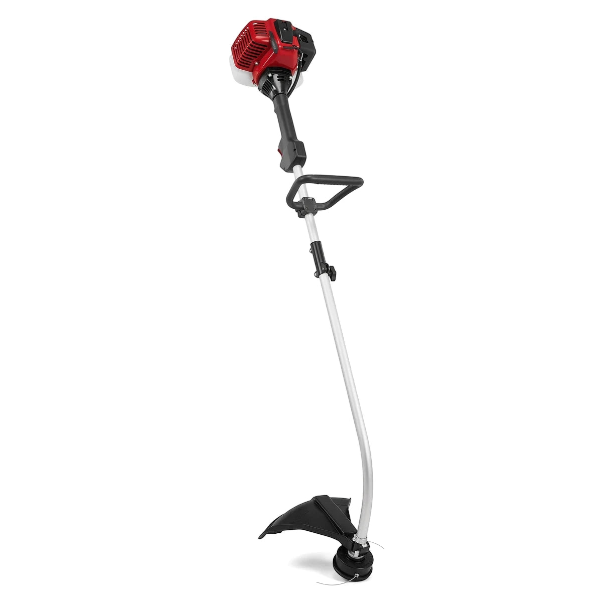 Red and black petrol line trimmer or weed eater shown vertically against a white background, ready for yard work.