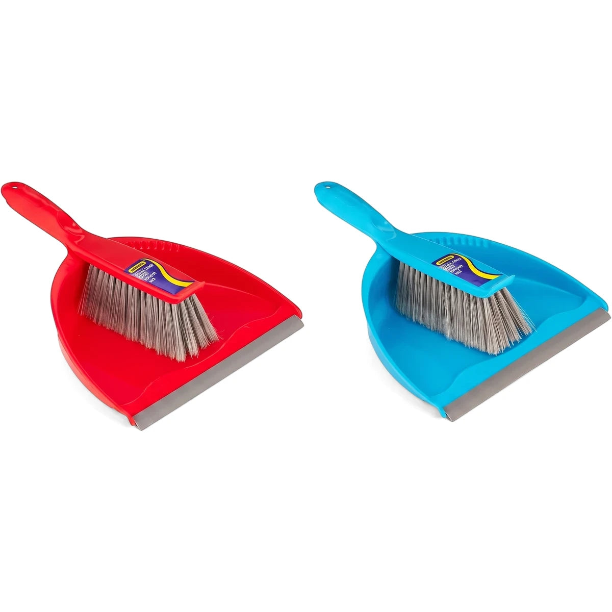 Two clip-together dustpan and brush sets: one red, one blue, with stiff gray bristles for carpets and upholstery.