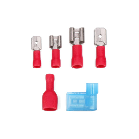 Crimping terminals in various sizes and types, including red insulated spade and ring connectors, and a blue insulated