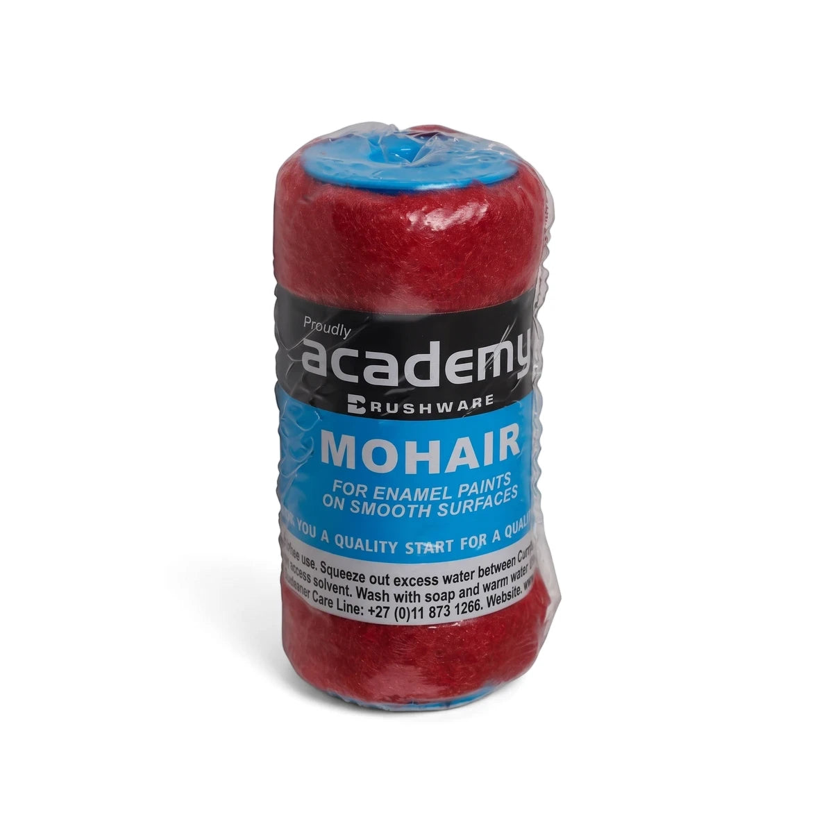 Red and blue Refill Mock Mohair Roller in clear plastic packaging, designed for enamel paints on smooth surfaces.