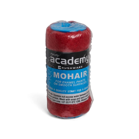 Red and blue Refill Mock Mohair Roller in clear plastic packaging, designed for enamel paints on smooth surfaces.