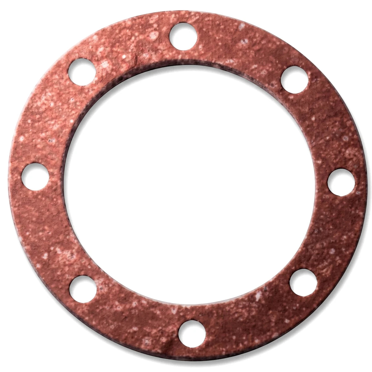 Red-brown circular metal flat combo flange gasket with eight holes, viewed from above on a white background.