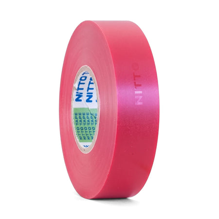 Red electrical insulation tape roll, featuring prominent Nitto branding on its core and surface, on a white background.