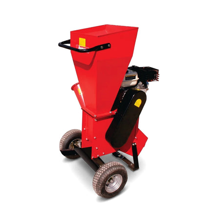 Red garden chipper shredder with a large hopper and wheels, shown from a rear-side view, ready for yard waste processing.