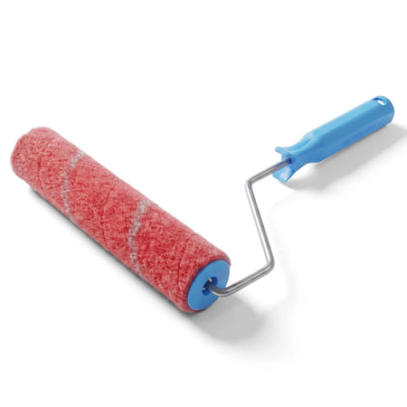 Red mock mohair paint roller with a blue plastic handle and metal frame, designed for smooth and even paint application.