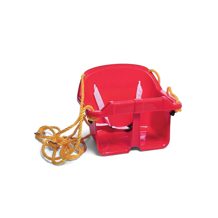 Red plastic baby swing seat with yellow ropes and white harness straps, designed for outdoor use in a playground.
