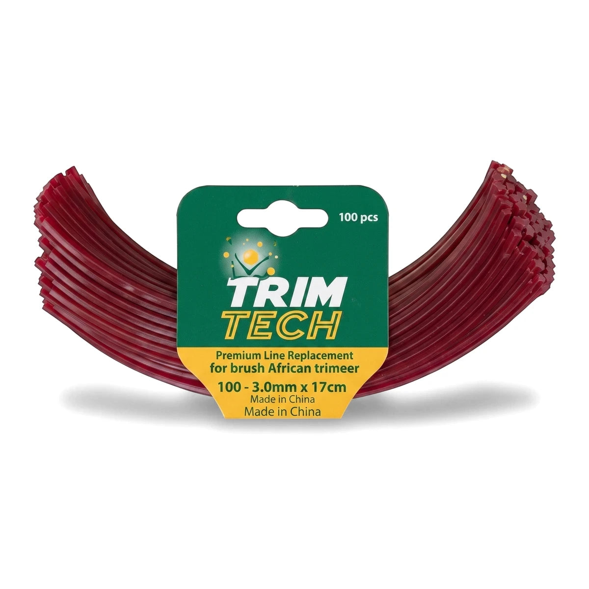 Red Pre-Cut Nylon Trimmer Line Bundles for brush trimmers, featuring a green and yellow 'Trim Tech' label.