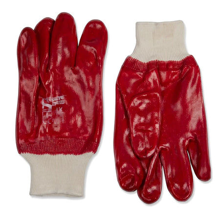 Pair of bright red PVC-coated knit work gloves with white elastic cuffs, shown from a front-facing perspective.