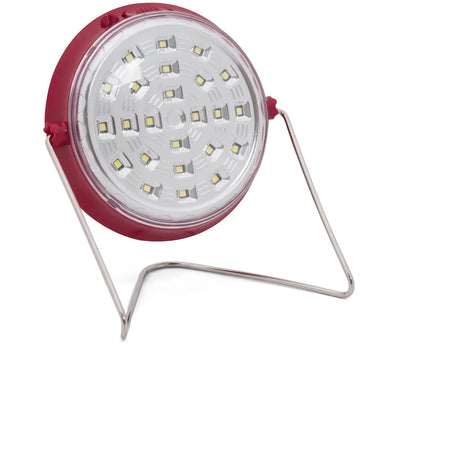 Red rechargeable LED emergency light, round with a metallic stand, showcasing its solar power feature.