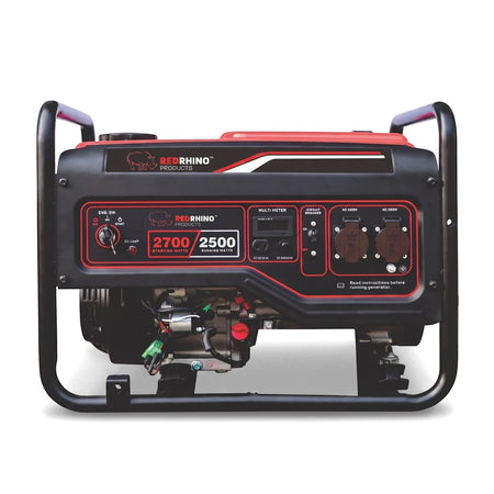 Red Rhino 2.5Kw Manual Start Petrol Generator, black and red, with a control panel and sturdy frame, front view.