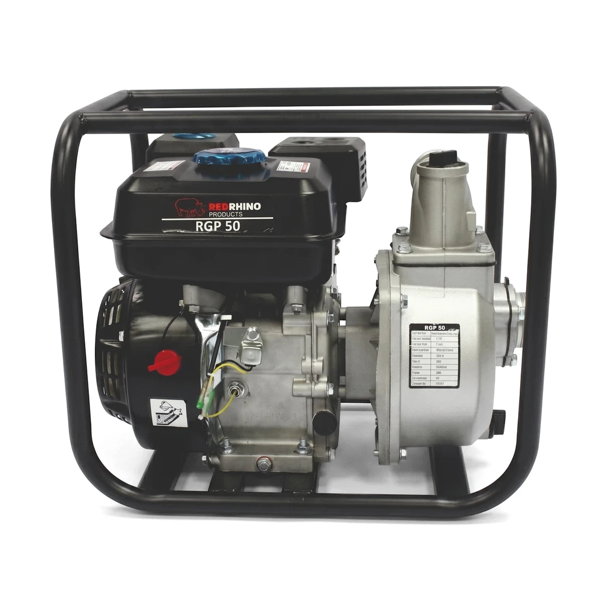 Front view of a black and silver Red Rhino 2-inch (50mm) petrol water pump, encased in a durable black protective frame.