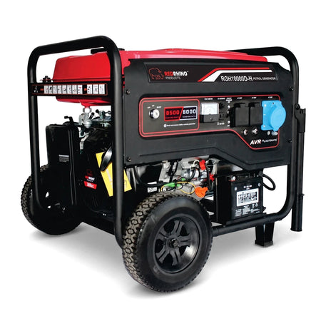 Red Rhino H460 Electric Start Petrol Generator, 8Kw, in red and black, with a wheeled frame, viewed from a slight angle.