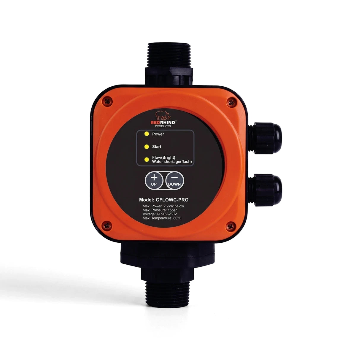 Orange Red Rhino Pro Flow Control Switch with adjustable max pressure, digital display, and black pipe connectors.