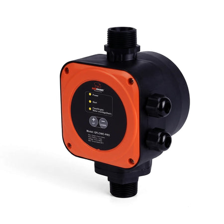 Red Rhino Pro Flow Control Switch, an automatic black and orange pressure switch for water pumps, shown clearly on a white
