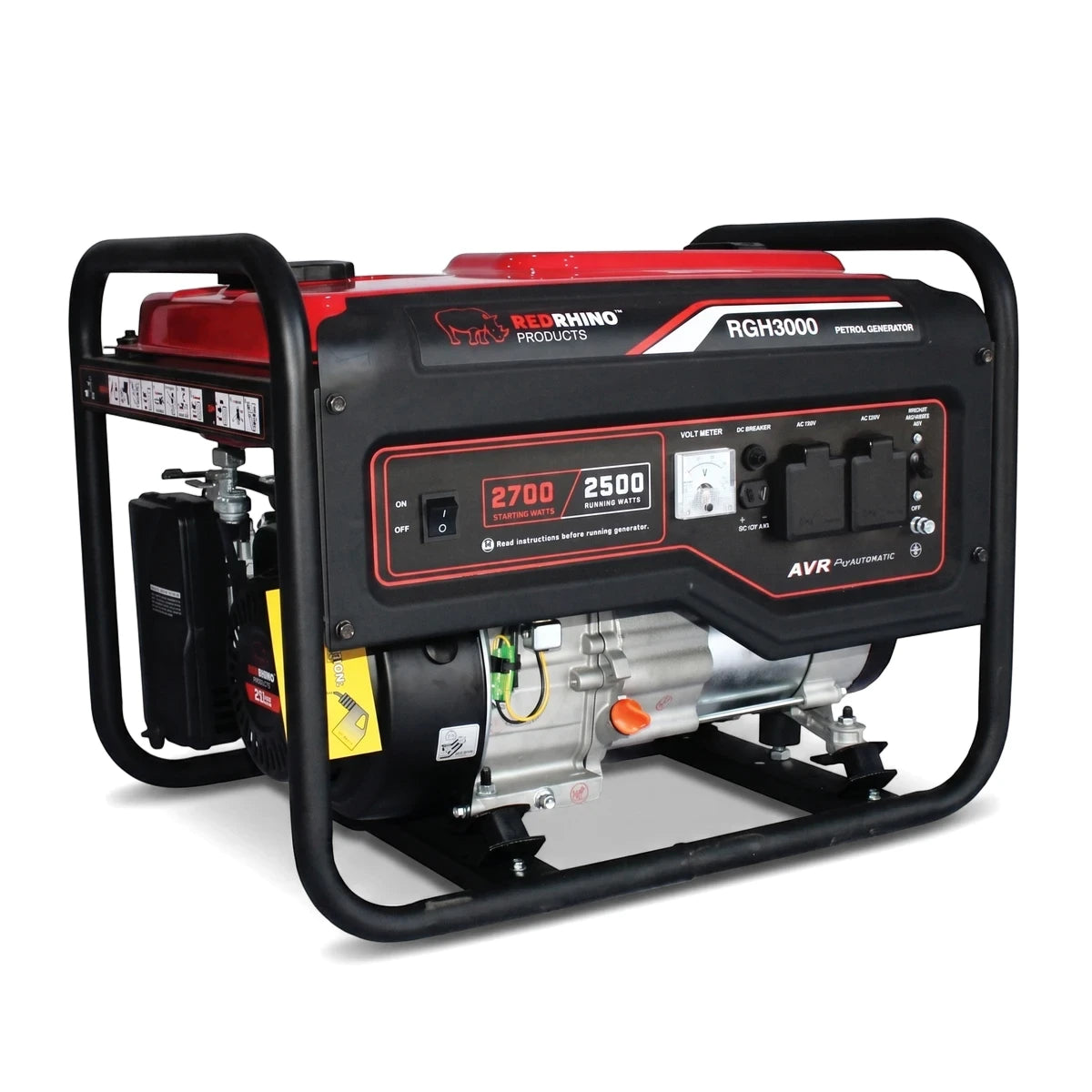A red and black Red Rhino RGH3000 manual start petrol generator, 2.5kW, featuring an on/off switch and power outlets.