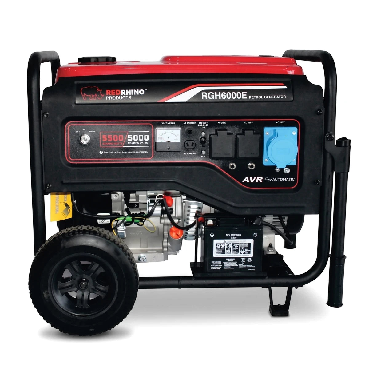 Red and black Red Rhino RGH6000E electric start petrol generator with 5Kw output, control panel, and wheels.