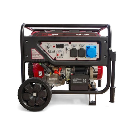 Red and black Red Rhino RGH7000E Electric Start Petrol Generator (6kW) with a control panel and wheels, shown from a