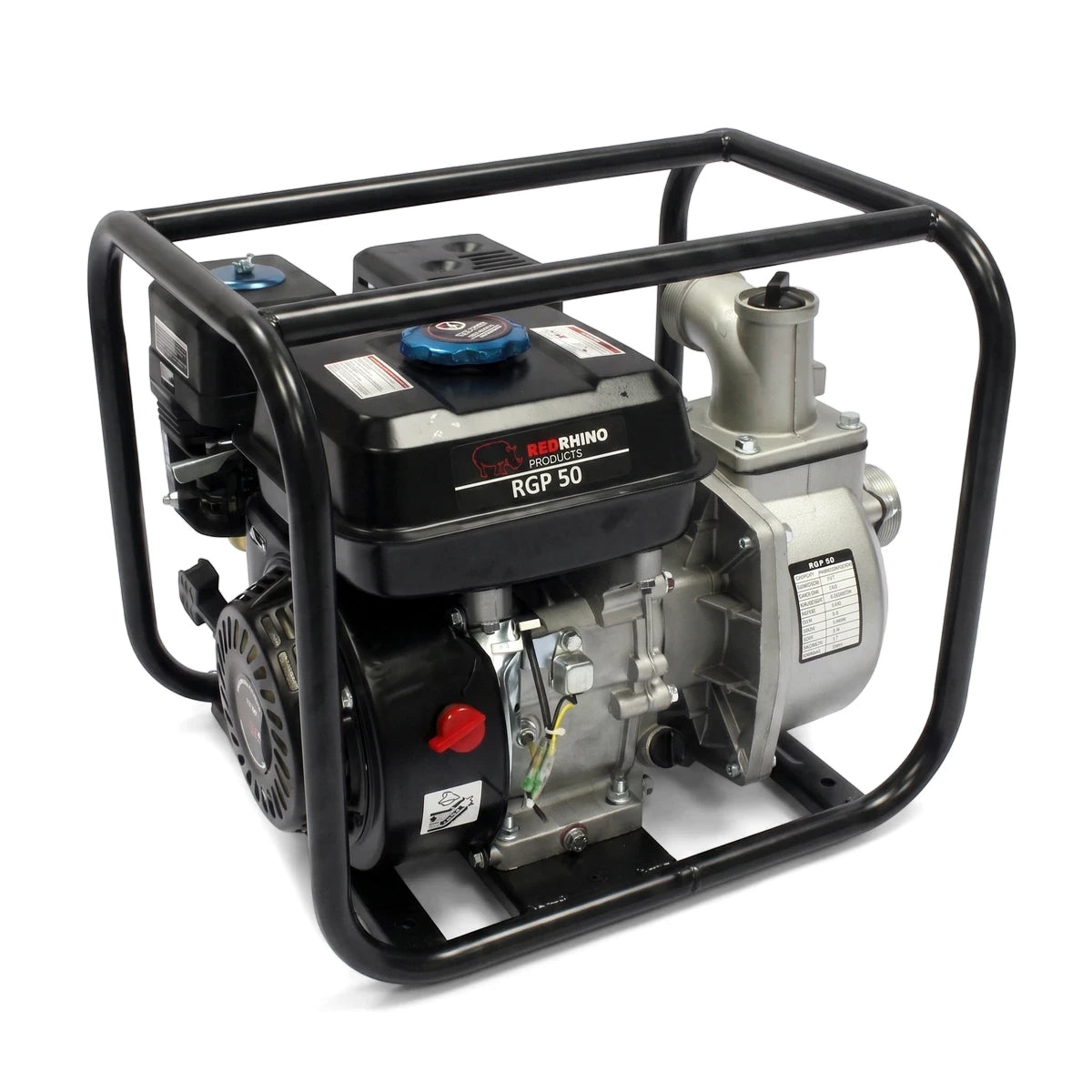 A black and silver Red Rhino RGP 50 2-inch petrol water pump with a protective metal frame, shown from a three-quarter view.