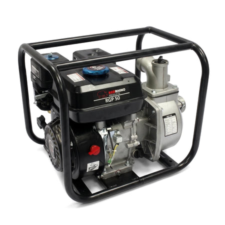 A black and silver Red Rhino RGP 50 2-inch petrol water pump with a protective metal frame, shown from a three-quarter view.