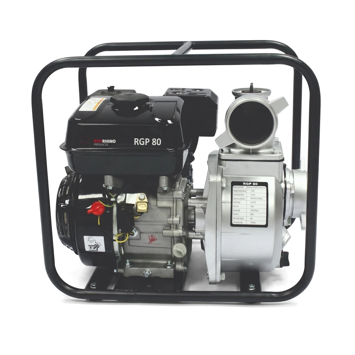 Front view of a black and silver Red Rhino RGP 80 3-inch petrol water pump, enclosed in a robust black protective frame, on